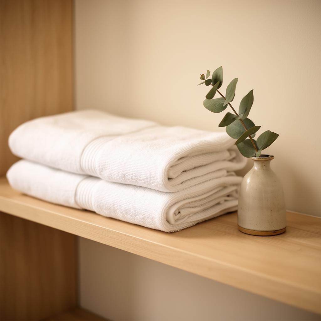 Folded clean linens beside a small ceramic vase — small details that reflect care.