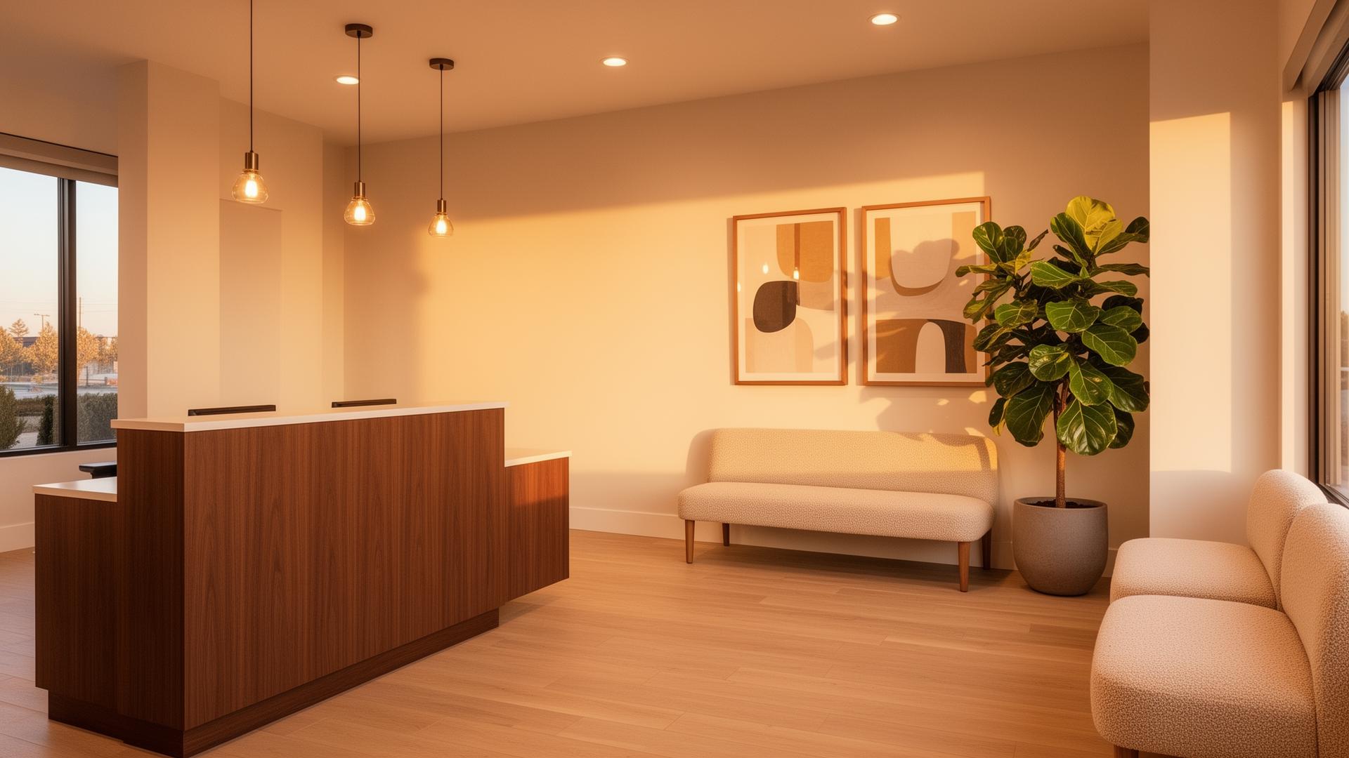 Welcoming reception area with warm wood finishes and natural light at our San Ramon chiropractic clinic.