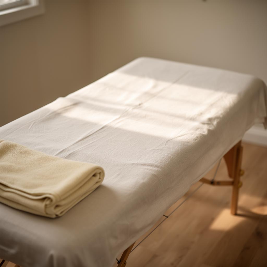 Prepared treatment table dressed in fresh linens ready for the next patient.