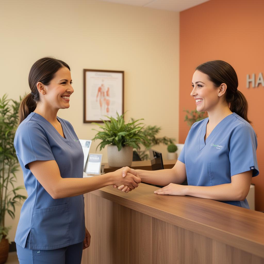 Happy patient greeting their chiropractor in the welcoming reception area of a chiropractic clinic.