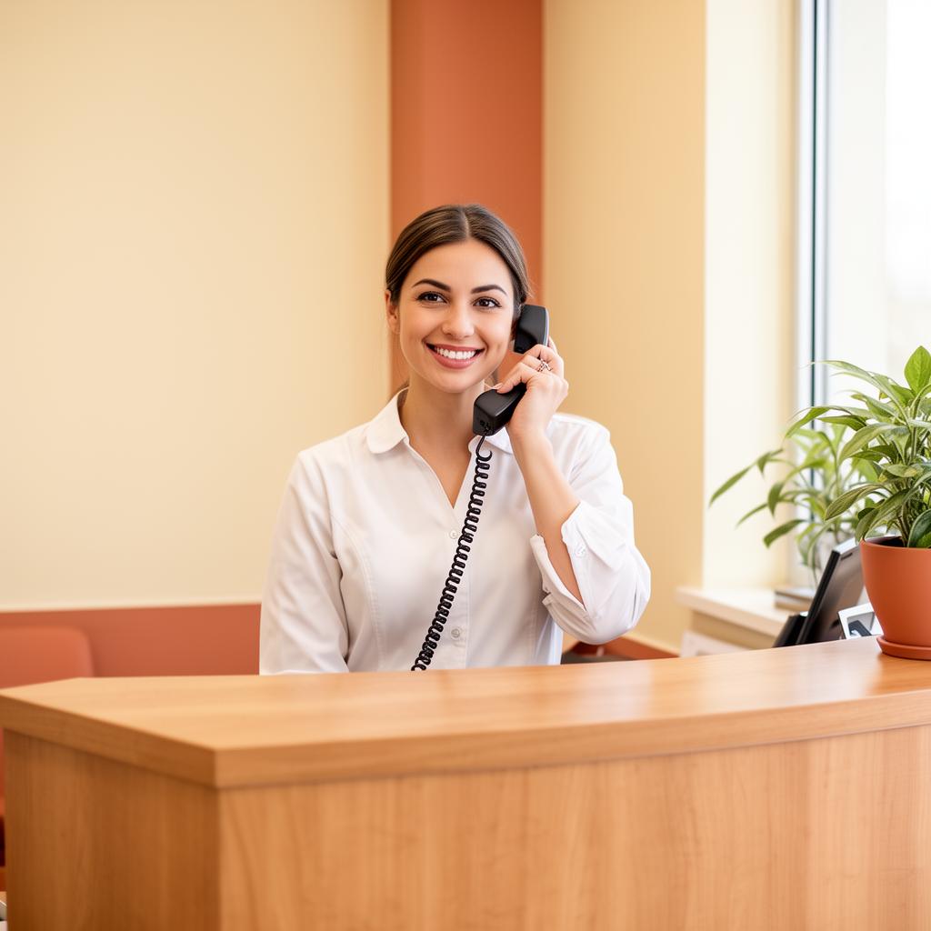 Friendly chiropractic clinic receptionist smiling at a desk with a phone and computer in a warm cream and terracotta lobby.
