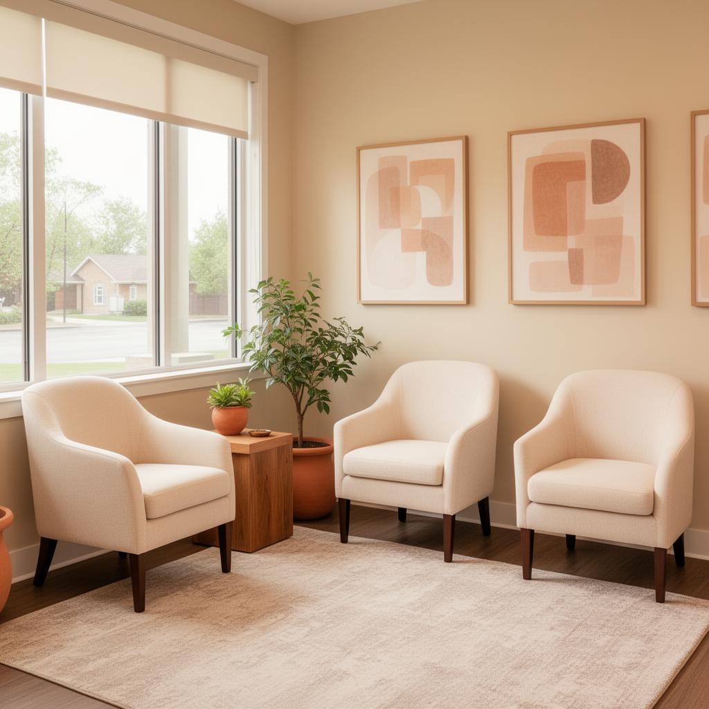 Comfortable, warmly lit chiropractic clinic waiting area at Coleman Chiropractic.