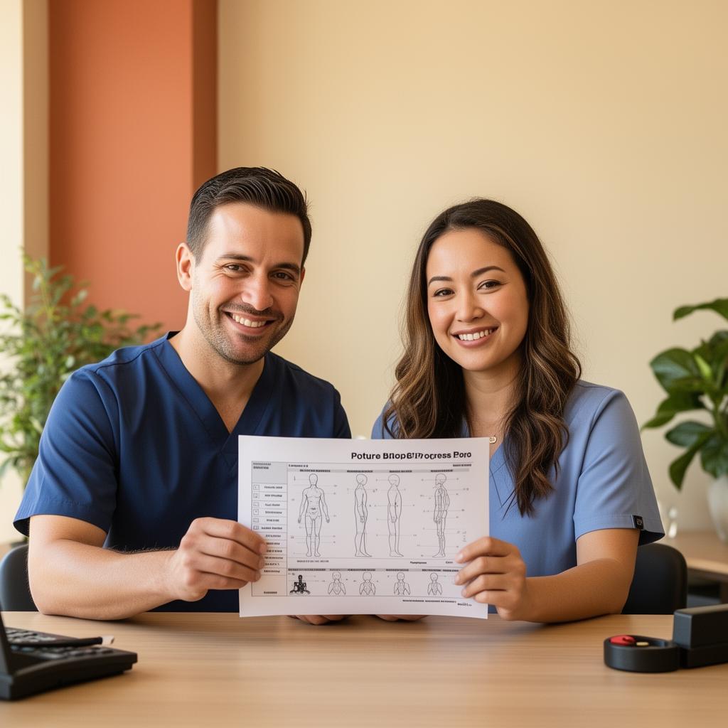 Chiropractor reviewing posture assessment photos with a patient on a tablet during a progress check visit.