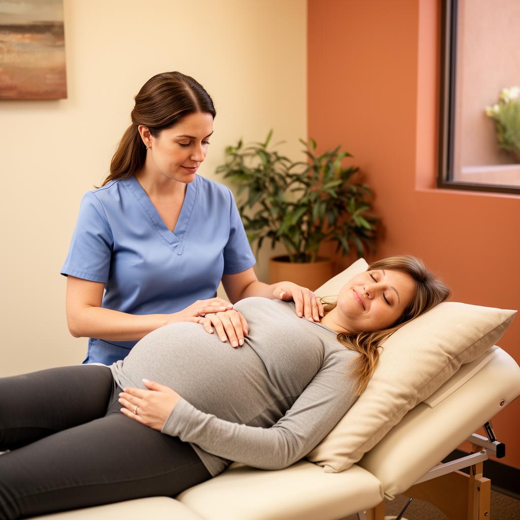 Chiropractor performing a gentle prenatal spinal adjustment on a pregnant patient using specialized positioning equipment.