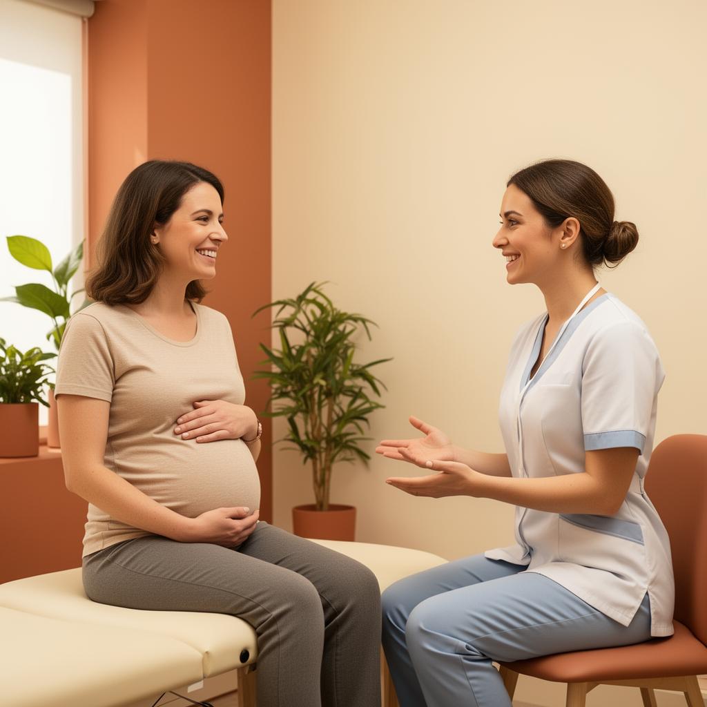 Pregnant patient consulting with a chiropractor in a warm, comfortable chiropractic clinic room.