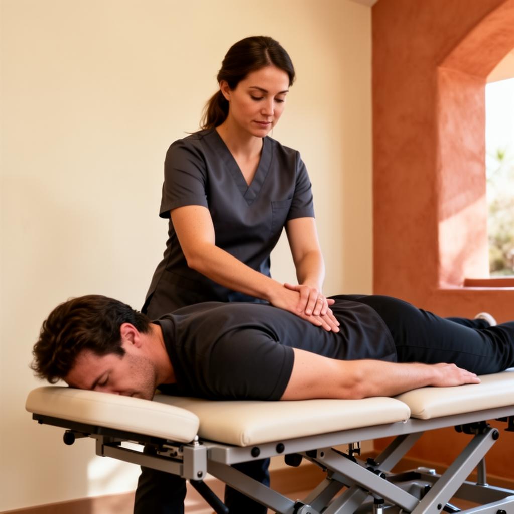 Chiropractor performing a precise spinal adjustment on a patient lying on a treatment table.