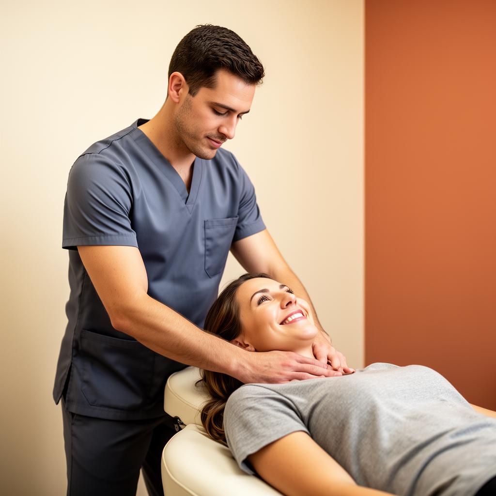 Patient performing guided neck stretches during a chiropractic rehabilitation session.