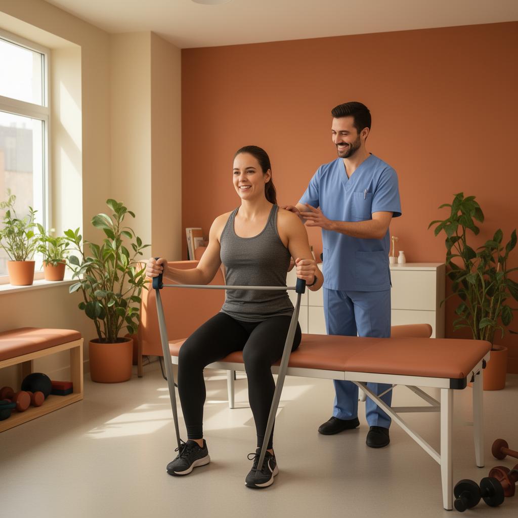 Female athlete performing corrective resistance band exercises during sports injury rehabilitation.